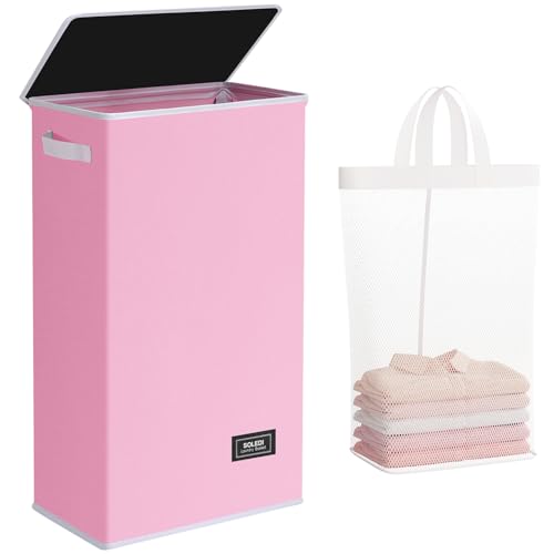 SOLEDI Slim Laundry Hamper with Lid, Narrow Laundry Basket with Removable Bags, Dirty Clothes Hamper with handle, Small Hamper perfect for Laundry room, Bathroom, Bedroom, Small spaces. 70L Pink