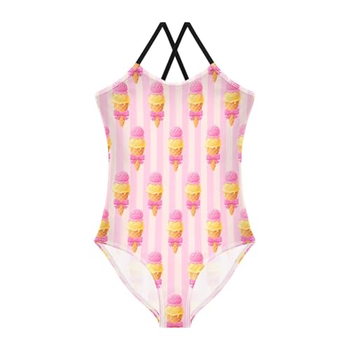 ALAZA Ice Cream Bow Striped Girls One Piece Swimsuit Swimwear Beach Sport Bathing Suit