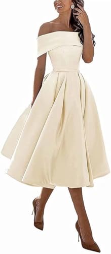 Image of Knee-Length Satin Off Shoulder Homecoming Dress Short Prom Cocktail Party Dress for Junior