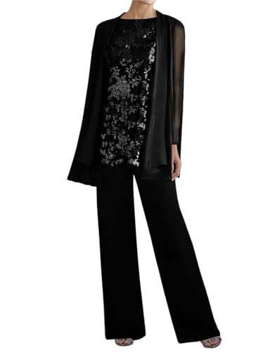 Image of 3 Pieces Mother of The Bride Dresses Pant Suits - Lace Chiffon Long Sleeve Grandmother Dresses with Jacket