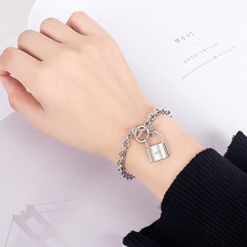 Dankadi Charm Women 925 Sterling Silver Key Lock Pendant Bracelet Girl Fashion Solid Silver Rolo Chain Bangle Fine Jewelry Gift For Wife & Girlfriend (Square Lock Style, 6.7 Inche) #TOP3