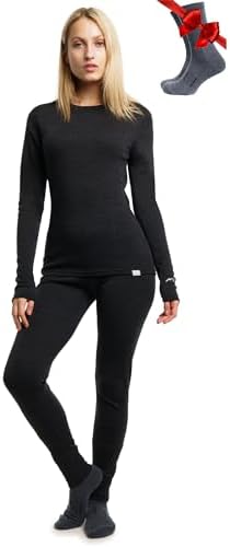 Merino.tech 100% Merino Unterwäsche Damen Set Shirt & Hose + Wandersocken | Atmungsaktive Light, Midweight, Heavy Funktionsunterwäsche, Skiunterwäsche, Thermounterwäsche Set, Wande