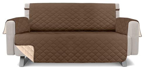 Bedding Reversible Sofa Couch Cover, Water Resistant Slipcover Furniture Protector with Foam Sticks and Elastic Straps for Kids Dogs Pets (3 Seater, Brown/Beige)