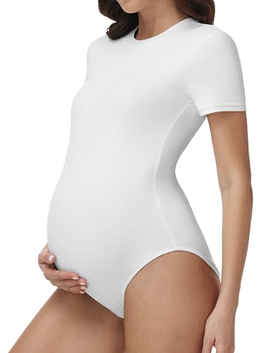 V VOCNI Womens Maternity Bodysuit Short Sleeve Pregnancy Jumpsuit Shapewear Crew Neck T Shirts Tops Rompers White Medium