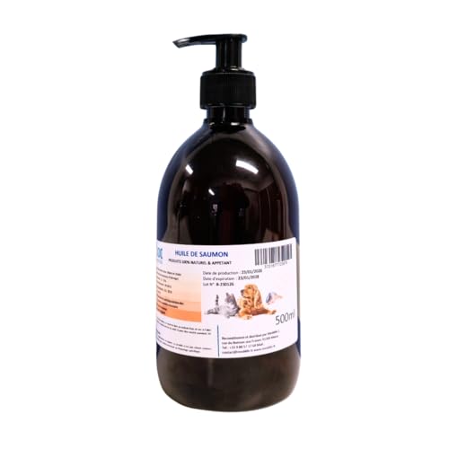 500ml Huile de Saumon 100% Naturelle pour Chiens, Chats et Chevaux, Riche en Oméga 3-6-9 et Vitamines