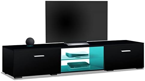MDA Designs AVIOR Black with Gloss Black Doors Modern TV Cabinet for Flat TV Screens of up to 75" Entertainment Unit with LED Lights