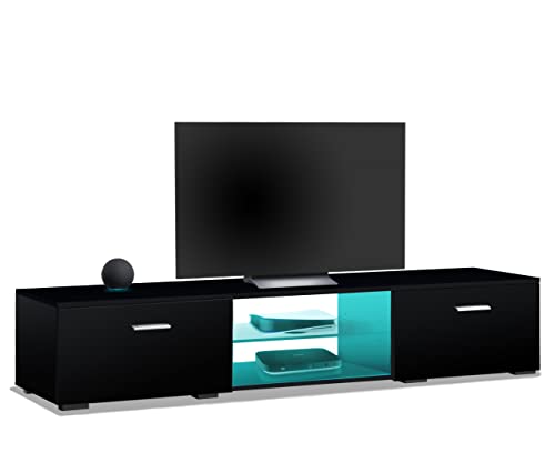 MDA Designs AVIOR Black with Gloss Black Doors Modern TV Cabinet for Flat TV Screens of up to 75" Entertainment Unit with LED Lights