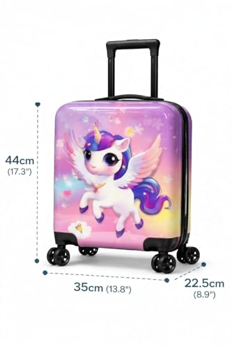 Image of Kids Carry On Luggage with Wheels 18 Inch Hard Shell Suitcase for Boys and Girls | Rolling Travel Bag with Retractable Handle and Spinner Wheels for Trips (Pink Unicorn)