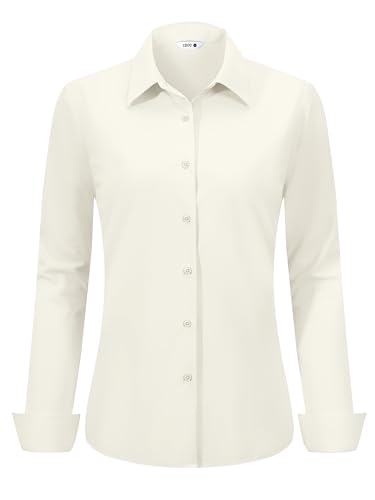 Womens Dressy Cream Shirt Easy Care Button Down Blouse Stain-Resistant Blouse...