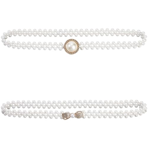 2Pcs Pearl Elastic Waist Belt White Adjustable Stretch Bow Bead Crystal Rhinestone Bridal Bridesmaid Sash Fashion Waistband Chains Belts for Women Wedding Party Prom Dress Accessories Gift
