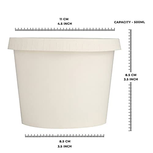 Image of [500 ml, 15 Count, White Disposable Bagasse Paper Container with Lid | Eco-Friendly Bowl /Tub for Picnic, Travel, Food Truck | Ideal for Both Hot & Cold Food