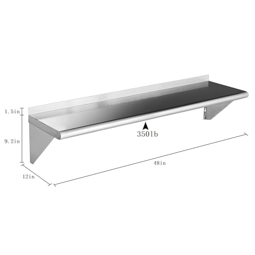 rockpoint stainless steel shelf 12 x 48 inches 350lb 2 pack nsf commercial wall mount floating shelving with backsplash for restaurant kitchen home and hotel silver
