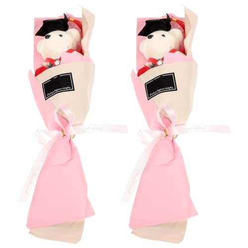 Garneck 2Pcs Graduation Bear Flower Bouquet Pink Plush Stuffed Animal with Artificial Flowers Mini Plush Bear with Grad Cap for 2025 Graduation Party Supplies