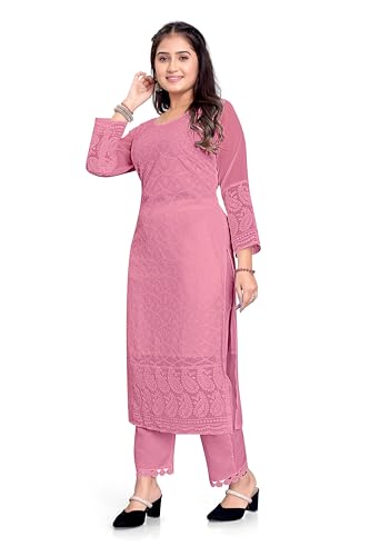 Image of IMPEX Hand Embroidered Chikankari Georgette Kurta for Women | Kurti | 3 /4th Sleeves | Round Neck | Ethnic Kurta | Ideal for Casual Wear, Festive, Wedding & Parties