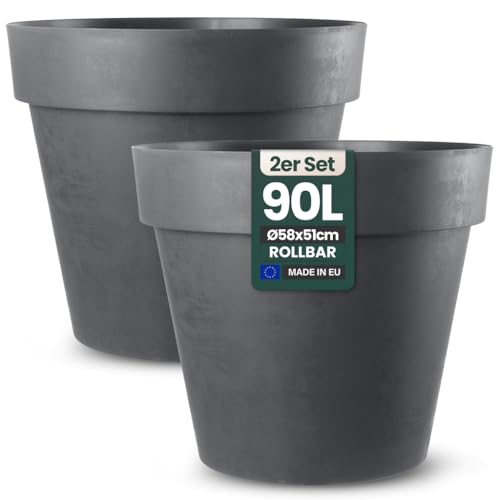 Kreher XXL Pflanztopf/Pflanzkübel rund mit 79 cm / 58 cm Durchmesser, ausstattet mit Rollen! Der Eye-Catcher für Garten, Terrasse, Restaurants & Gewerbe! (Anthrazit, 2er XL)