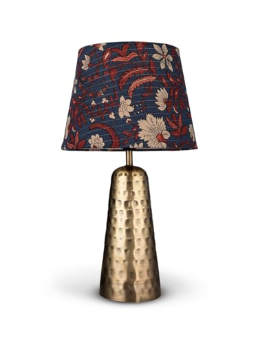 Image of Green Girgit Golden Hammered V-Shaped Lamp with Taper Muticolor Blue Shade | Galvanized Iron Bedside Night & Reading Table Lamp | Metal Handcrafted | Home & Living Room Decor Item