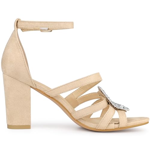 Allegra K Allegra K Women's Open Toe Crystal Rhinestone Buckle Chunky Heel Beige Sandal 6 M US