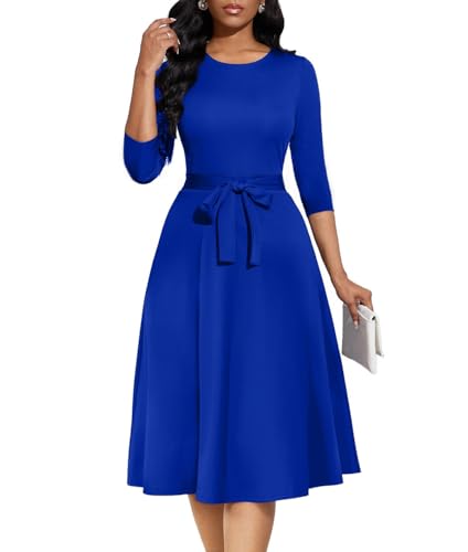 Image of Casual Dresses for Women Midi Church A-Line Fit and Flare Dress Crewneck 3 /4 Sleeve Party Dress