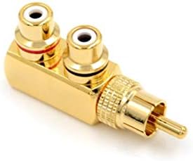 90 Degree Right Angle RCA Splitter,1 RCA Male to 2 RCA Female AV Splitter Adapter Connector, Gold Plated (1 to 2 Way)