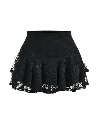Verdusa Women's Plus Size Y2K Goth Floral Lace Ruffle Mini Skirts Gothic Clothes Athletic A Line Skirt
