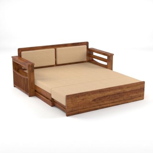 Image of Sheesham Wooden 3 Seater Sofa Cum Bed with Storage - Modern Daybed with Upholstered Backrest | Living Room Convertible Sofa Bed - Wooden Sofa Cum Bed with Mattress (Design 5)