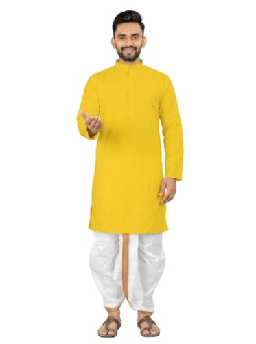 Image of UNIQUE MOMENTS Men's Cotton Dhoti Kurta Set with Full Sleeves Solid Pattern Modern Style and Mandarin Collar Neck | Perfect for Puja & Celebrations