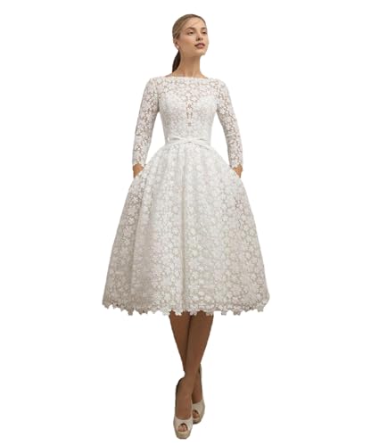 Vintage Lace Wedding Dress 2025 A-Line Tea-Length with Pockets Illusion