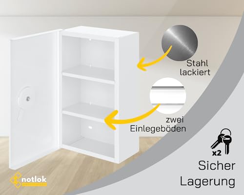 notlok Safety Work - Medizinschrank zum Aufhängen + 3 Ablagen [ 32x22x11 cm ] | Stahl Apothekerschrank für Erste Hilfe mit Euro-Schloss + Schild | Medikamenten Aufbewahrung | DIN EN ISO 7010, DIN67510