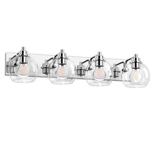 Image of 4 Light Bathroom Light Fixtures-Chrome Bathroom Vanity Lights, Modern Vanity Lights 4-Light Bathroom Lighting Fixtures Over Mirror with Clear Glass Globe Shade