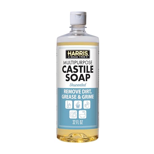 HARRIS Multi-Purpose Pure Liquid Castile Soap for Home Cleaning, Multi-Purpose Cleaner, For Dish Soap, Laundry Detergent, Kitchen and Bathroom Surfaces, Kids Rooms, Unscented, 32 Oz