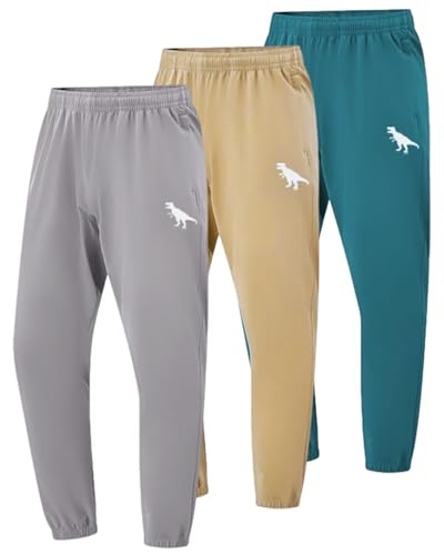 BINPAW 3 Pack Toddler Boys Active Pants Pull On Sweatpants Dinosaur Graphic Print Jogger Pants, Gray/Light Khaki/Dark Green, 13-14Y = Tag 160