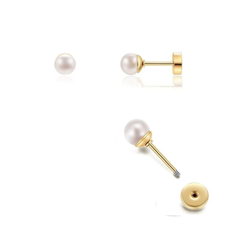 El RegaloPearl Stud Earrings- 14K Gold Finish Screw Back Pearl Hypoallergenic 316L Surgical Steel Stud Earrings for Girls/Kids/Women- Pearl Cartilage/Helix Earrings Earrings (5mm Pearl)