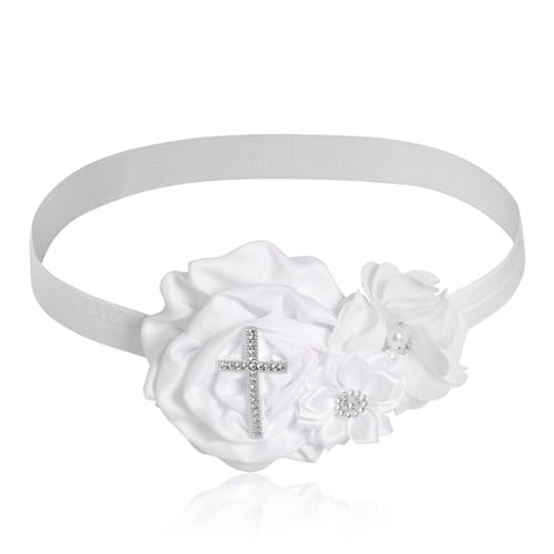 2 Pcs Baby Girls Baptism Christening Headbands Newborn Infant Toddlers Flower Crown Lace Bow Hairband (Cross Rhinestone)3