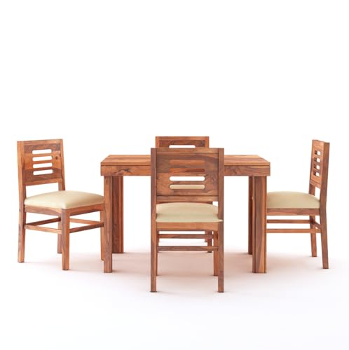 Image of SONA Art & Crafts Capsule Solid Sheesham Wood Dining Table Set of 4 Seater Dinner Dinning Table with 4 Cushioned Chair for Dining Furniture for Living Room Home Hotel Office Honey Finish (Caps-D1-4S)