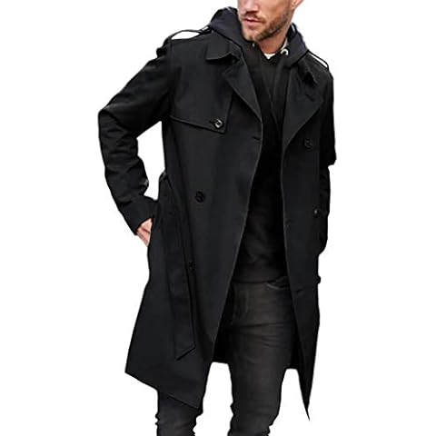 Pretifeel Herren Trenchcoat Slim Fit zweireihig lange Jacke eingekerbter Revers Gürtel Fall Winddichter Mantel Cover