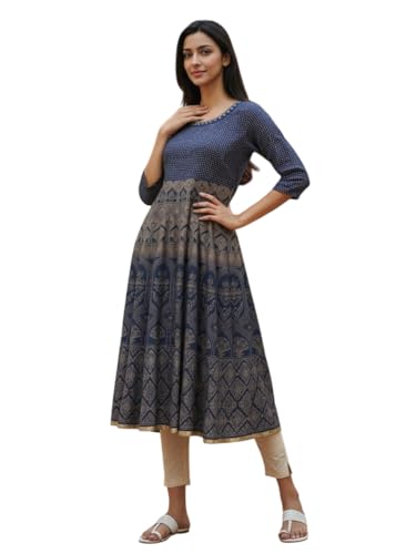 Kurta Anarkali bleu brodé longue de cheville, le Kurti en rayonne qui ne froisse pas