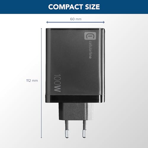 Cellularline NANO GAN 100W - Smartphone, Tablet and USB-C Laptops up to 100W Caricabatterie da rete 100W con 4 porte - 3