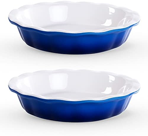 Lareina Pie Pans for Baking, Ceramic 9 Inch Deep Pie Dish with Rippled Edge for Apple Pie, Pecan Pie, Chicken Pot Pie, Colorful and Durable Pie Plate, Set of 2, Blue