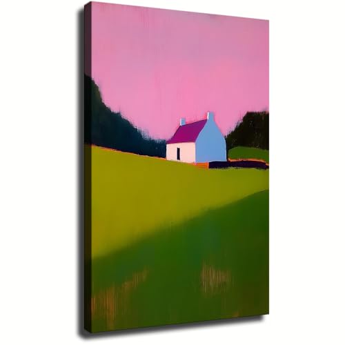 Modern Minimalist Landscape Canvas Wall Art - Vibrant Pink Sky