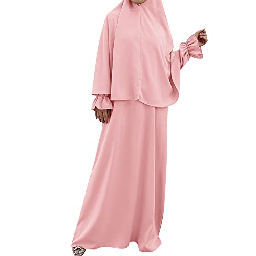 Robe de prière musulmane avec hijab Jilbabs long rose deux pièces coupe ample