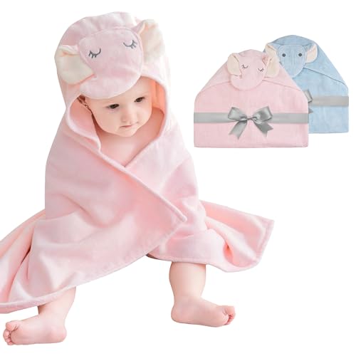 Image of Mooreeke 2 Pack Baby Towels - 100% Cotton Baby Hooded Towels - Soft Baby Bath Towels with Hood for Newborn - Comfort Towels for Baby Girls and Boys - Animal Shaped Design (Elephants)