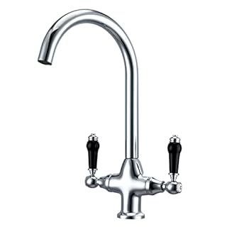 Kitchen Sink Tap Mixer with Black Dual Lever Traditional Mono Swan Neck Victorian Style Kitchen Mixer Faucet 360 Swivel Spout Brass Chrome Monobloc Rustic Bar Tap with Ceramic Twin Lever Country Style
