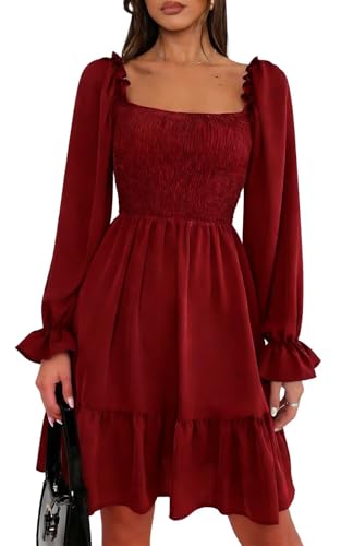 Women Square Neck Smocked Dress Causal Lantern Long Sleeve High Waist A Line Flowy Mini Dresses Wine Red L
