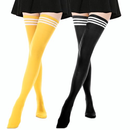 Image of AQOKKA Extra Long Thigh High Socks for Women Striped Over Knee Thigh Socks Long Boot Thigh High Stockings Leg Warmers