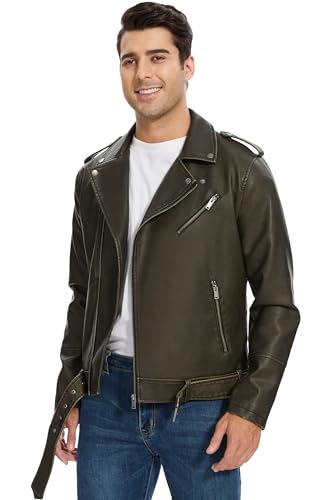 Fahsyee Leather Jackets for Men, Faux Bomber Jacket Mens Motorcycle Lapel Asymmetric Zip-Up Belt Slim Fit Biker Coat