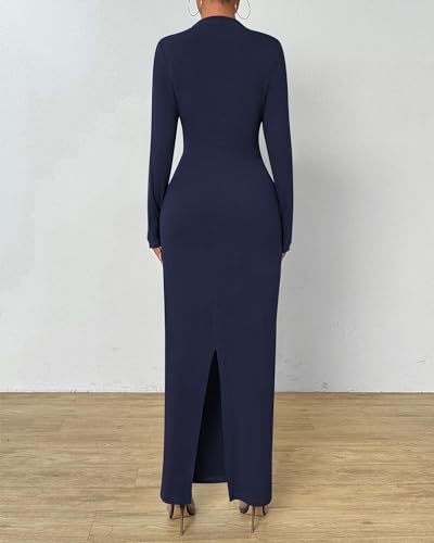 Image of BTFBM Women Bodycon Maxi Dress Long Sleeve Back Slit Ruched Elegant Party Cocktail Formal Fall Wedding Guest Dresses