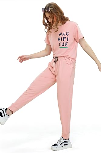 Image of ZEYO Women's Cotton Typography Printed Night Suit Pajama Set of Top & Joggers