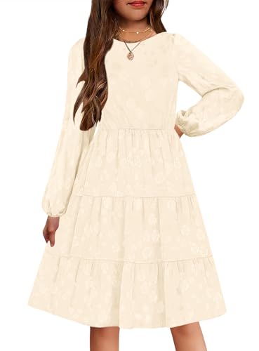 YOVION Girls Fall Long Sleeve Dress Ruffle Tiered A-Line Formal Wedding Party Dresses with Pockets for 6-12 Years