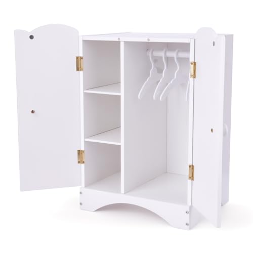 Wooden Baby Dolls Closet with 10 Hangers & Shelf 12-18 Inch Doll Wardrobe for Baby Doll Clothes Storage Magnetic Closure & Easy Assembly Baby Doll Accessories Furniture