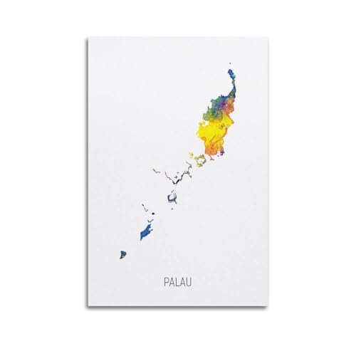 Affiches murales décoratives sur toile, carte aquarelle des Palaos, affiches murales et image d'art moderne pour chambre à coucher (30 x 45 cm)
